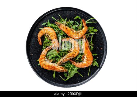 Salade avec crevettes géantes grillées, crevettes et arugula. Isolé sur fond blanc Banque D'Images