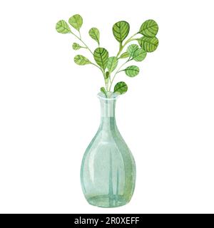 vases en verre isolés avec brindilles peintes en aquarelle, brindilles dans une bouteille en verre peintes en aquarelle, herbe, contenant, plantes, feuilles Banque D'Images