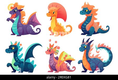 définir l'illustration vectorielle de la magie colorée mignon dragons isoler sur fond blanc Illustration de Vecteur