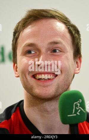 Düsseldorf, Allemagne. 10th mai 2023. Benedikt Duda répond aux questions des journalistes. Le Championnat du monde individuel 2023 se tiendra à Durban, en Afrique du Sud, de 20 mai à 28. Credit: Federico Gambarini/dpa/Alay Live News Banque D'Images