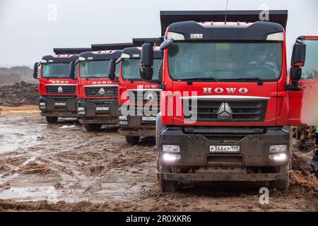 UST-Luga, oblast de Leningrad, Russie - 16 novembre 2021: Parking de camions de benne de Hoho du chantier Banque D'Images