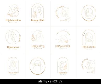 Ensemble de logos de magasin de hijab. Portraits de femmes linéaires avec yeux fermés. Illustration vectorielle dans un style de ligne. Magasin de vêtements de femme arabe Illustration de Vecteur