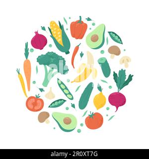 Fruits et légumes, ensemble de nourriture végétarienne saine en forme ronde. Illustration vectorielle dessinée à la main dans un style minimaliste tendance Illustration de Vecteur