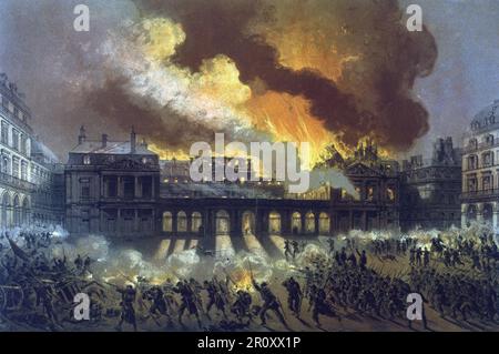 Commune de Paris, la semaine sanglante. Les communautés incendient le Palais Royal lors des combats contre les versaillois le 24/05/1871. Planche tiree de Paris et ses ruines, 1871. Banque D'Images