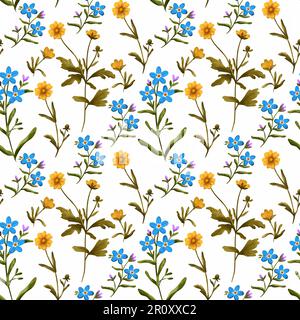Motif sans couture avec fleurs sauvages aquarelle. Motif botanique de fleurs jaunes et bleues. Fond floral de style rustique. Conception de l'emballage pap Banque D'Images