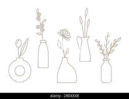 Ensemble de fleurs vectorielles, brindilles en vases en céramique. Illustration vectorielle de bouquet pour carte, histoire, Web, bannière. Illustration de Vecteur