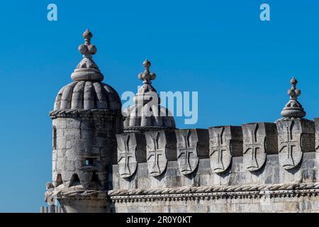 Gros plan du combat de la Tour de Belém (Torre de Belém) ou de la Tour de Saint Vincent, une fortification datant de 16th ans et porte d'entrée de Lisbonne, Portugal Banque D'Images