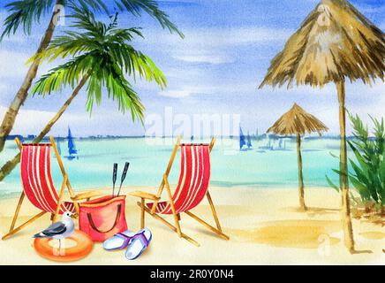 Plage tropicale aquarelle avec palmiers, parasols et yachts, paysage marin avec chaise longue, cercle gonflable, sac de plage et mouette, croquis de soi Banque D'Images