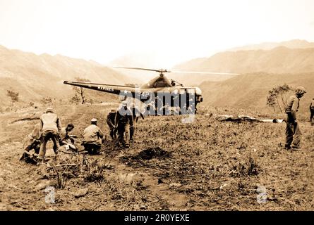 Les Marines américains blessés à Kari San Mountain sont évacués par hélicoptère et transporté à l'hôpital, à proximité des zones de traitement. Navy Corpsmen préparer trois Marines blessés pour l'évacuation. 23 mai, 1951. Photo par N.H. McMasters. (Marine) Banque D'Images