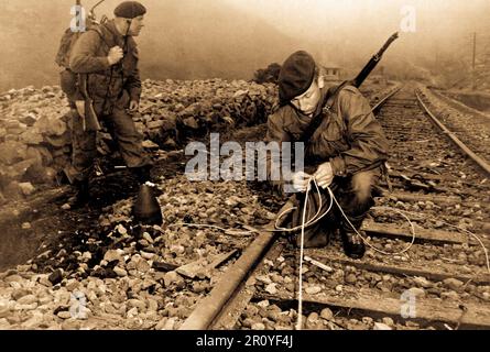 Commandos de la 41e Royal Marines britanniques les charges de destruction des plantes le long des voies de chemin de fer de la ligne d'alimentation de l'ennemi qu'ils ont démoli lors d'un raid commando, 8 miles au sud de Songjin, Corée. 10 avril, 1951. Banque D'Images