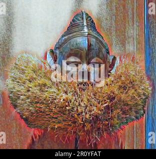 Art africain d'un visage tribal avec une adresse et un collier d'un Bush naturel de fibres à l'Institut d'art de Minneapolis, Minnesota. Banque D'Images