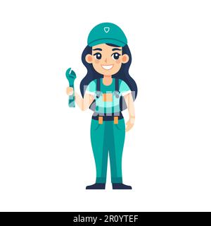 Femme mécanicien avec une clé à isoler sur fond blanc. Mascotte d'une jolie fille portant un uniforme. Illustration vectorielle à caractères plats de dessin animé Illustration de Vecteur