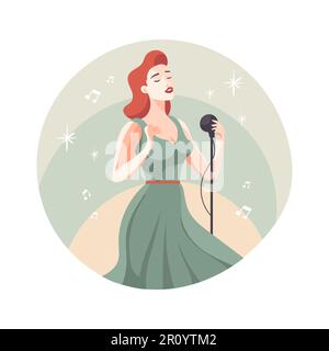 Bonne femme chanteuse, rock ou pop chanteur vêtue de robe et chantant dans le microphone. Mignon drôle personnage de dessin animé féminin. Vecteur plat coloré Illustration de Vecteur