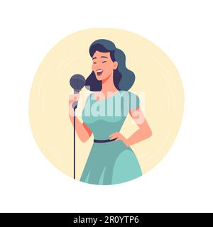 Bonne femme chanteuse, rock ou pop chanteur vêtue de robe et chantant dans le microphone. Mignon drôle personnage de dessin animé féminin. Vecteur plat coloré Illustration de Vecteur