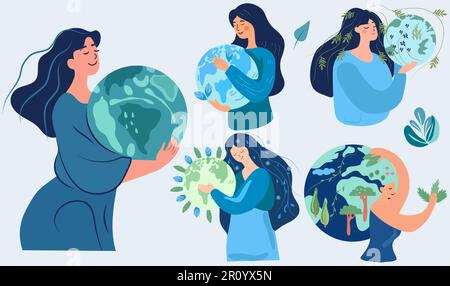 Mains berçant le globe, exprimant un profond respect et soin pour mère nature. Une représentation visuelle des questions urgentes du réchauffement de la planète et de l'altération du climat. Vecteur. Illustration de Vecteur