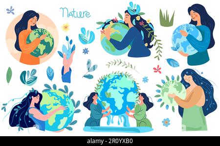 Mains berçant le globe, exprimant un profond respect et soin pour mère nature. Une représentation visuelle des questions urgentes du réchauffement de la planète et de l'altération du climat. Vecteur. Illustration de Vecteur