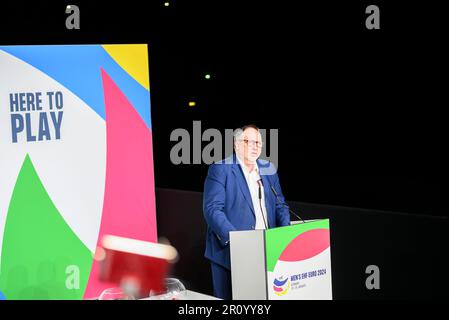 Andreas MICHELMANN (DHB, Président) lors de son accueil au handball, tirage au sort pour le Championnat d'Europe 2024, sur 10 mai 2023 à Düsseldorf/Allemagne. Banque D'Images