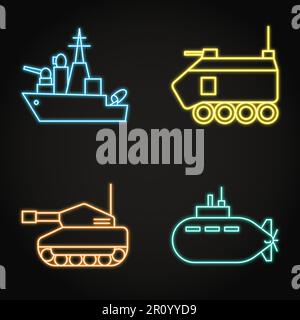 Icône néon WAR machines définie en style ligne. Symboles de transport militaire et de véhicules de combat. Illustration vectorielle. Illustration de Vecteur