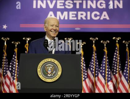 Valhalla, États-Unis. 10th mai 2023. Le président Joe Biden prononce une allocution au Westchester Community College de Valhalla, New York, mercredi, à 10 mai 2023. Photo de John Angelillo/UPI crédit: UPI/Alay Live News Banque D'Images