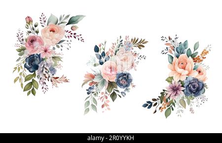 Cadre incliné avec roses, fleur de printemps, branches avec mauve, fleurs de pommier rose, bourgeons, feuilles vertes sur fond blanc. Tirage numérique Illustration de Vecteur