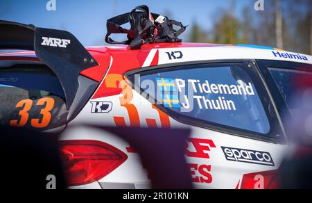 Tingsryd, Suède, 10 mai 2023 MRF Tires Dealer Team et Team GN Motorsport lors des essais avant le championnat européen de rallye de la FIA en Pologne. Credit: PEO Mšller/Alamy Live News Banque D'Images