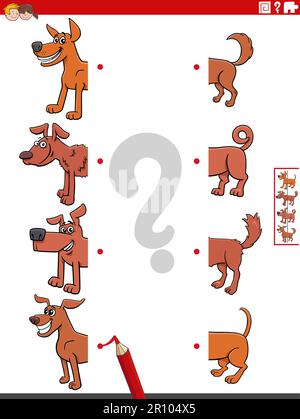 Illustration de dessin animé de jeu éducatif de faire correspondre les moitiés des images avec les personnages animaux de chiens drôles Illustration de Vecteur