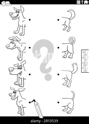 Dessin animé noir et blanc illustration du jeu éducatif de faire correspondre les moitiés des images avec les chiens drôles animaux caractères coloriage page Illustration de Vecteur