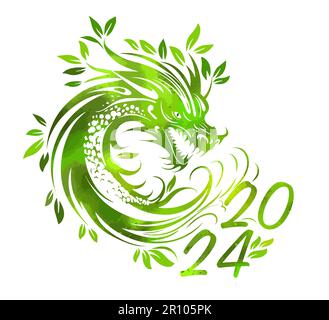 Symbole du Dragon vert du nouvel an chinois 2024 heureux. Symbole de 2024. Dragon vert en bois. Carte de vœux à illustration vectorielle. Signe du zodiaque, Illustration de Vecteur