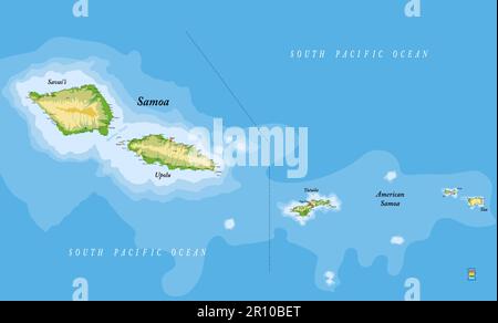 Carte physique très détaillée des Samoa et des Samoa américaines en format vectoriel, avec toutes les formes de secours, les régions et les grandes villes. Illustration de Vecteur