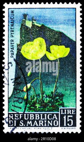 MOSCOU, RUSSIE - 08 AVRIL 2023 : le timbre-poste imprimé à Saint-Marin montre le pavot pyrénéen, série de fleurs, vers 1967 Banque D'Images