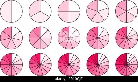 Collection de segments de cercle. Ensemble de diagrammes circulaires de couleur rose rouge. Paquet de sections et de tranches rondes. De 2 à 16 segments de graphiques. Différentes phases et étapes du cycle. Ensemble vectoriel Illustration de Vecteur