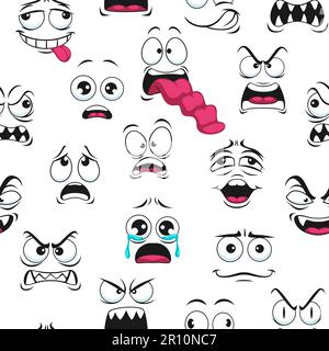 Malheureux, triste et fâché visages sans couture. Tissu ou papier d'emballage fond amusant, impression textile ou toile de fond vectorielle avec dessins animés effrayés, rires en colère, pleurs et expressions fullish du visage Illustration de Vecteur