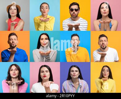 Collage avec des photos de personnes soufflant de l'air embrasse sur un arrière-plan de couleur différente Banque D'Images