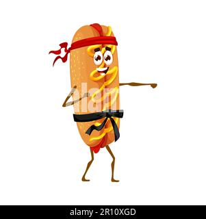 Personnage de hot dog de dessin animé sur l'entraînement de sport de karaté. Vector fast food fighter personage, mignon sandwich hot dog emoji avec saucisse, pain, moutarde et sauce ketchup, ceinture noire de rang de karaté et bandeau Illustration de Vecteur