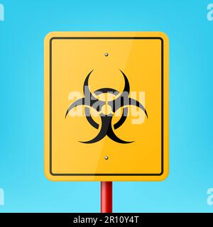 Cadre de signalisation routière rectangulaire jaune vectoriel avec danger biologique, panneau de rayonnement, icône, icône symbole d'avertissement nucléaire gros plan sur fond bleu. Pointeur de route Illustration de Vecteur