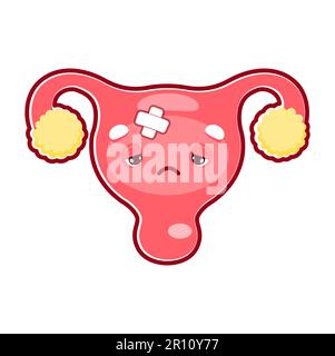 Caricature d'organe de l'utérus malade avec patch médical, santé et anatomie de la femme, vecteur isolé. Menstruation ou maladie du système reproducteur de la femme et maladie ovarienne due à une infection ou inflammation Illustration de Vecteur
