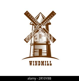 Emblème du Moulin à vent. Entreprise agricole, boulangerie ou bakehouse, ferme de blé croquis vecteur symbole de campagne ancien moulin à vent. Épicerie bio ou marché emblème ou icône gravé avec moulin de village Illustration de Vecteur