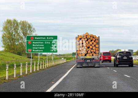 Hamilton, Nouvelle-Zélande - 25 octobre 2022 : un camion de bois qui se déplace sur la State Highway 1C entre Auckland et Hamilton City. Banque D'Images