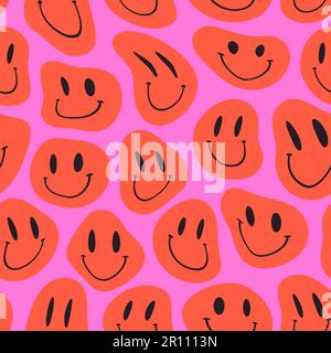 Groovy Melting sourire visages sans couture motif. Psychédélique déformée Emoji vecteur arrière-plan en 1970s hippie Retro style pour impression sur textile Illustration de Vecteur