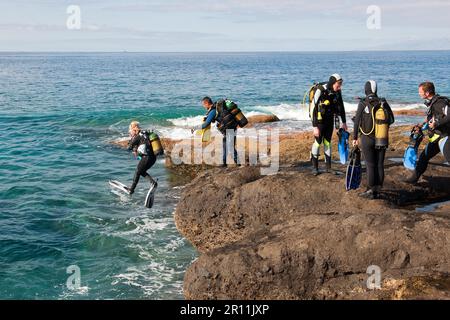 Plongeur entrant dans la mer depuis la côte rocheuse, Costa Paraiso, Tenerife, Espagne, îles Canaries Banque D'Images