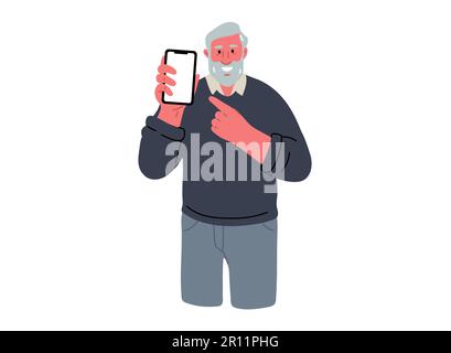 Homme senior montrant sur téléphone mobile et sourire.Illustration vectorielle Illustration de Vecteur