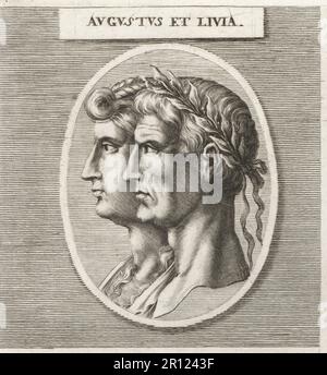 César Augustus, premier empereur romain, 63 BC-14 AD, et épouse Livia Drusilla, impératrice romaine, 59 BC-29 AD. Augustus et Livia. Gravure sur plaque après une illustration de Joachim von Sandrat de son Academia Todesca, della Architectura, Scucultura & Pittura, oder Teutsche Academie, der Edlen Bau- Bild- und Mahlerey-Kunste, Académie allemande d’architecture, de sculpture et de peinture, Jacob von Sandrart, Nuremberg, 1675. Banque D'Images