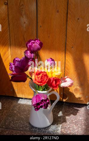 Kemberg, Allemagne. 27th avril 2023. Un vase à fleurs avec des tulipes colorées se dresse devant un mur en bois sur un sol en terrazzo. Crédit : Viola Lopes/dpa/Alamy Live News Banque D'Images