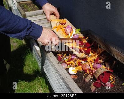 Compost de déchets organiques. L'homme jette des fruits de légumes de cuisine et des déchets de coquetiers pour la biodégradation. Recyclage de nourriture à la maison arrière-cour et soutient Banque D'Images