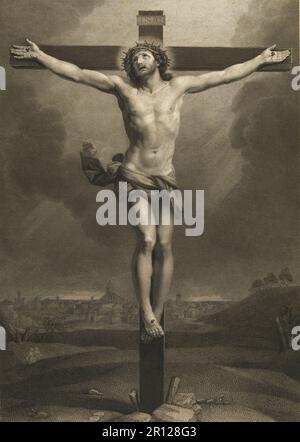La crucifixion, exécution, de Jésus de Nazareth, Christ, Vendredi Saint, Golgotha, Christ sur la croix, en arrière-plan une ville, après Guido Reni, 1870, Historique, a restauré numériquement la reproduction d'un original de 19th siècle. Banque D'Images