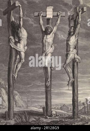 La Crucifixion, exécution, de Jésus de Nazareth, Christ, Vendredi Saint, Golgotha, Christ sur la croix entre les deux criminels crucifiés, 1630, Hollande, Historique, reproduction numériquement restaurée à partir d'un original de 19th siècle. Banque D'Images