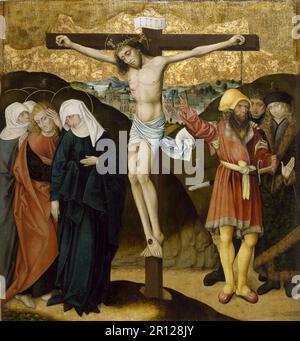 La Crucifixion, exécution, de Jésus de Nazareth, Christ, Vendredi Saint, Golgotha, retable de la passion du Christ, c. 1490, Allemagne, Historique, reproduction numériquement restaurée à partir d'un original de 19th siècle. Banque D'Images