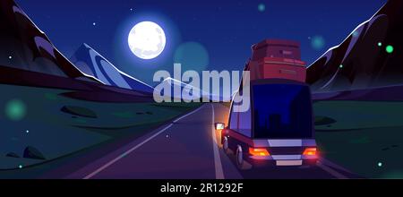 Sortie d'autoroute de nuit et paysage de vecteur de montagne. Arrière-plan de dessin animé sombre avec voyage pleine lune sur voiture avec vue arrière des bagages. Aventure nocturne en voiture avec la lumière étincelante bokeh. La liberté en vacances Illustration de Vecteur