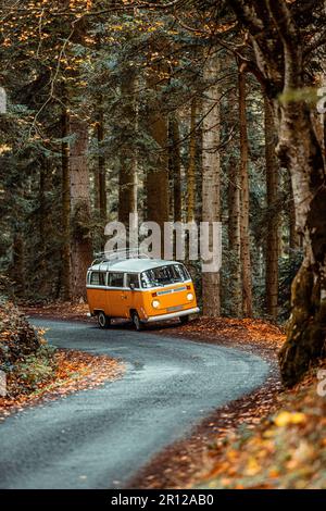 Un minibus orange d'époque traversant les forêts du Parc du Pilat en France en automne. Banque D'Images