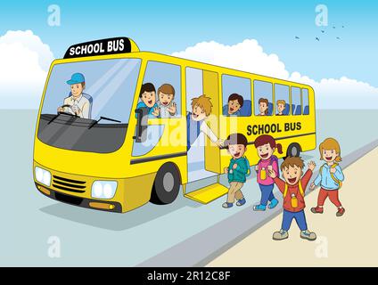 Illustration de dessin animé d'enfants d'école à bord d'un bus d'école Illustration de Vecteur